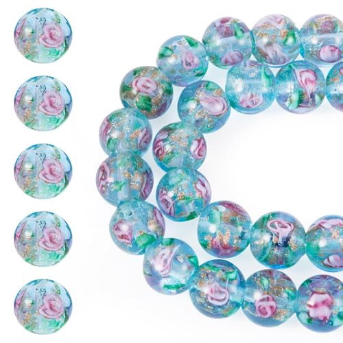 Cheriswelry 40Pcs/Strand Rose Flower Lampwork Beads 10mm Handmade Gold Sand Glass Beads Round Loose Spacer for DIY Bracelet Necklace Earring Rosary Jewelry Crafts (Pale Turquoise) - color: Pale Turquoise