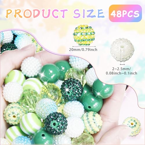 48 Pcs 20mm Beads for Pens Rhinestone Bubblegum Bead Green Crystal Acrylic Round Chunky Bead Sparkly Craft Large Balls Beads for Pen Beadable Keychain Bracelet Necklace DIY Jewelry Making Supplies - color: Green