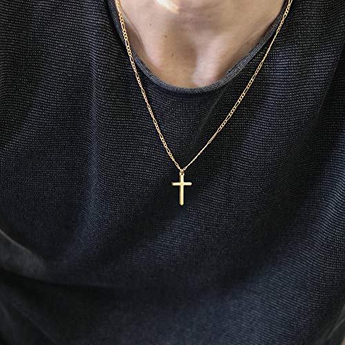 Joxevyia 14K Gold Filled Cross Necklace for Men Figaro Chain Stainless Steel Polished Cross Pendant Necklace Simple Baptism Faith Jewelry Gift - size: 24 inches, style: small cross pendant(1.0"*0.6")