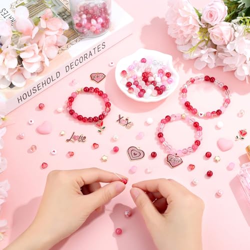 DUQGUHO Valentine's Day Beads for Jewelry Making, 8mm Red Pink White Glass Beads for Bracelet, Heart Beads Gold Bead and Sweet Heart Charms for Bracelet Necklace Crafts DIY 580PCS - color: 14-Red Pink White