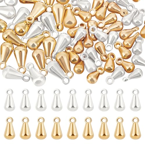 Beebeecraft 1 Box 80Pcs Teardrop Charms Dangle End Beads Extender Chain Drop Water Charms for Jewelry Making Findings - color: Gold and Silver, size: 6x3mm