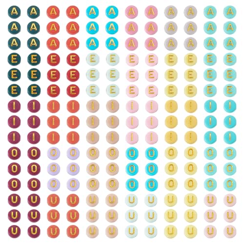 500Pcs Colorful Acrylic Beads Vowel Letter A/E/I/O/U Flat Round Capital Letter Alphabet Loose Spacer Beads for DIY Friendship Bracelet Necklace Keychain Jewelry Making 7x3.5mm - color: Colorful