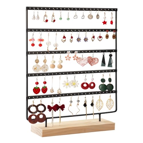 Jewelry Organizer, 5 Tiers Earring Organizer with 120 Holes for Storing and Displaying Earrings of Various Styles, Models and Sizes, Removable Wooden Base for Home and Store Use - color: Black