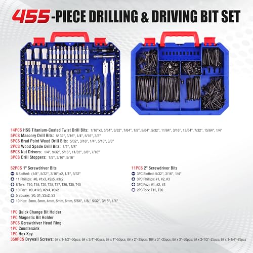 WORKPRO 455-Piece Drill Bit Set and Screwdriver Bit Set, Titanium Twist Drill Bits, Drywall Screws with Double Sided Storage Case, for Wood Metal Plastic Concrete Masonry - style: 455 PCS