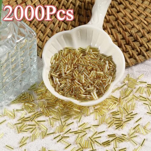 2000Pcs Tube Seed Beads 2x7mm Mini Long Glass Bugle Bead Small Craft Loose Spacer Beads for DIY Phone Charms Waist Bead Bracelets Earrings Necklaces (Golden) - color: Golden