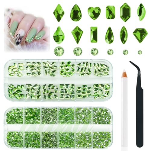 qiipii 3180Pcs Light Green Nail Rhinestones Multi Shapes Crystal Grass Green Flatback K9 Glass Rhinestones Gems Round Beads Stones Diamonds jewels w Wax Pen for Nails Face Eye Makeup Clothes Shoes DIY - color: Light Green, size: A Set