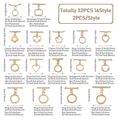 32 Pcs Gold Toggle Clasps Brass OT Toggle Jewelry Clasps Heart & Flower & Round Ring T-Bar Closure Clasp Fastener IQ End Connectors for DIY Necklace Bracelet Jewelry Making - color: Golden-Mix Styles