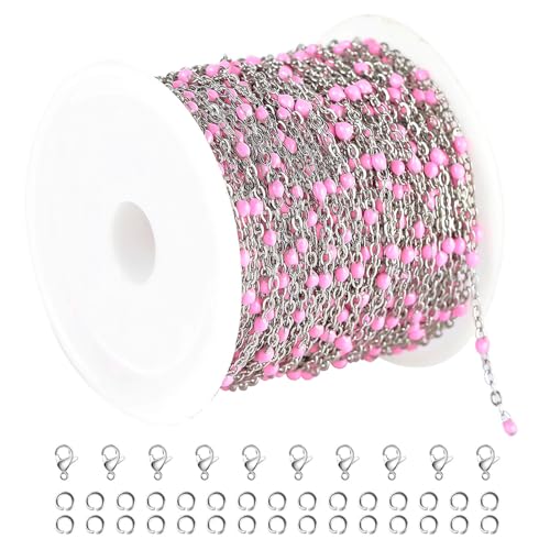 UMAOKANG 10 Meters Stainless Steel Chain for Jewelry Making Pink Enamel Beaded Chains Bulk Women Necklace Bracelet DIY Jewelry Findings - color: Pink Bead-Steel