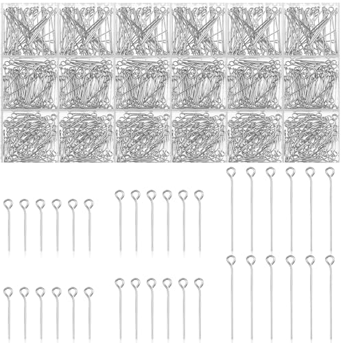 Junkin 1400 Pcs Eye Pins Mix Jewelry Findings 0.63 * 0.79 * 1.18 in Open Eye Head Pins Findings for Jewelry Making DIY Necklace Bracelets (Silver) - color: Silver
