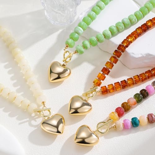 GZQ Chunky Gold Heart Necklace for Women, Resin Beaded Chain with Puff Heart Adjustable Clasp, Perfect for Daily Wear Party Date Streetwear Outfits Fashion Jewelry Gift - color: White