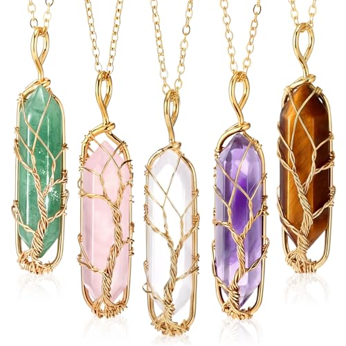 Yaomiao 5 Pieces Crystal Necklaces, Healing Stones Spiritual Pendant Natural Gemstone Jewelry with Adjustable Chain for Women Girls - color: Mixed Color with Tree Gold Chain