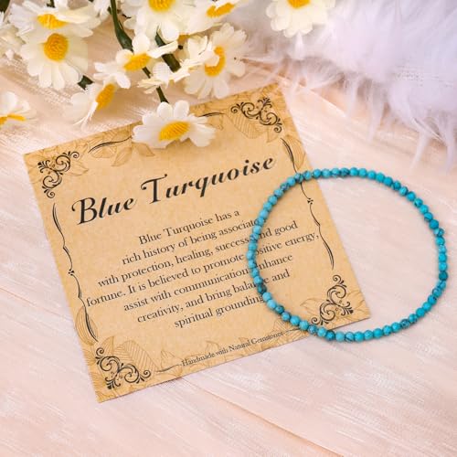 BONNY BOXX Natural Genuine Gemstone Faceted Round Beads Bracelets, 3mm Adjustable Stretchy Tiny Faceted Black Tourmaline Bracelet, Healing Crystal Reiki Chakra Dainty Jewelry Fashion Gifts - color: Blue Turquoise