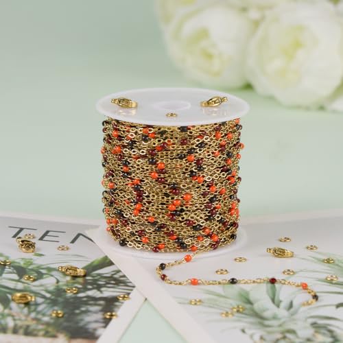 UMAOKANG 10 Meters Black Orange Enamel Bead Chain for Jewelry Making Gold Plated Stainless Steel Necklace Bracelet DIY Chains - color: Blak Orange-Gold