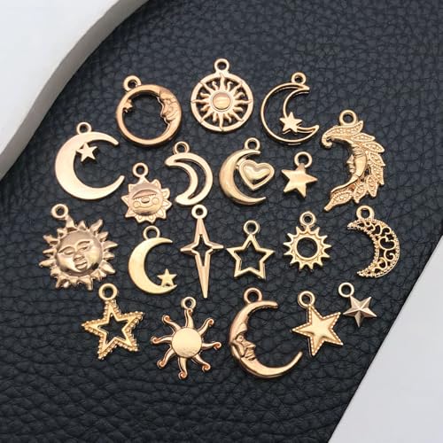 WOCRAFT 60pcs KC Gold Sun Moon Star Charms Bracelet Charms for Jewelry Making Sets DIY Necklace Bracelet Keychain Crafting Charms Kit Craft Supplies (SN836) - color: KC Gold, size: Sun Moon Star Charms