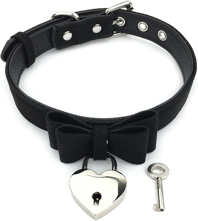 Destiny Love Bell Padlock Choker Collar Necklace Lolita Bow Collar Cat Kitty Velvet Necklace with Heart Lock and Key with Box for Women and Men
