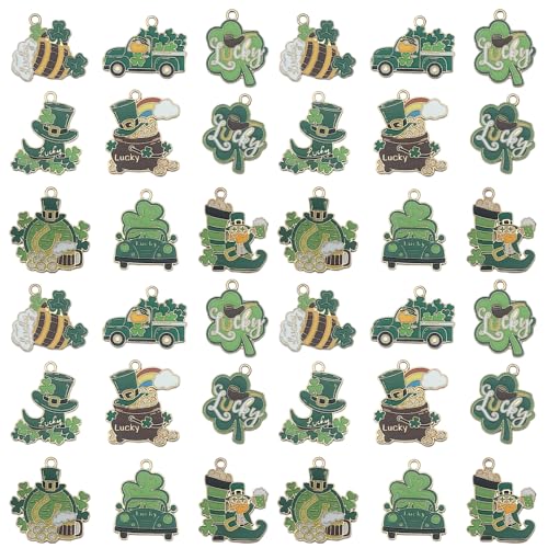 18pcs Alloy enamel green Irish Festival St. Patrick's Day clover carriage beer glass Jewelry Making DIY Keychain Earrings Pendant Various Design Charms for Jewelry Making Bracelets Necklace(SN1086) - color: SN1086