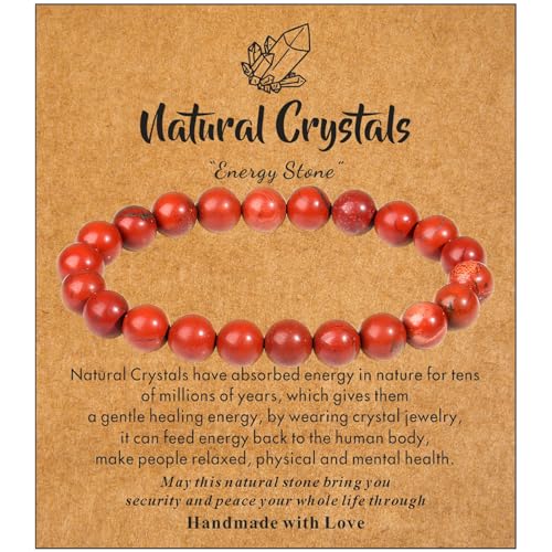 MAIBAOTA Healing Crystal Bracelet for Women Men, 8/4 mm Natural Stone Beaded Bracelets, Jewelry Birthday Gifts, Round Gemstones Stretch Bracelets - color: Red-Jasper, size: 8 mm
