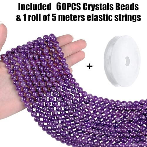 QINJIEJIE 60PCS Amethyst Beads 8mm Natural Stone Beads Round Loose Gemstone Bead for Bracelet Beading Purple Crystal Jewelry Making DIY Necklace Earrings 0.32" Stocking Stuffers - color: Amethyst, size: 60PCS