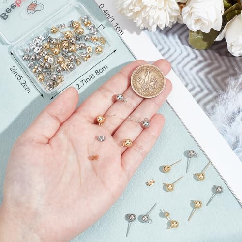 Beebeecraft 40Pcs 6mm Ball Post Stud Earring Findings 24K Gold Plated Stainless Steel Round Ear Stud with Loop and 20Pcs Ear Nuts Earrings Component for DIY Jewelry Making