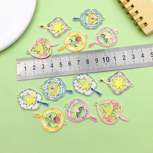 Sailanzi 12pcs Alloy enamel fan style rose sun Pendant Jewelry Making DIY Keychain Earrings Pendant Various Design Charms for Jewelry Making Bracelets Necklace (SN732) - color: SN732