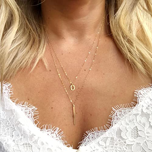 Aisansty Dainty Layered Choker Necklaces Handmade Coin Tube Star Pearl Pendant Multilayer Adjustable Layering Chain Gold Plated Necklaces Set for Women - color: Gold, style: Gold-Lip&Bar