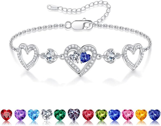 Iefil Valentines Day Gifts for Her - 925 Sterling Silver Heart Birthstone Bracelet Birthday Anniversary Jewelry Gifts for Her Wife