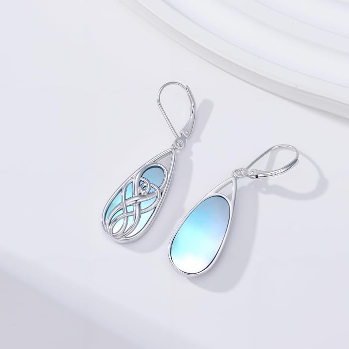 Teardrop Drop Dangle Earrings for Women 925 Sterling Silver Turquoise/Moonstone/White Opal Earrings Celtic Design Boho Jewelry Gifts for Mom Wife Sister