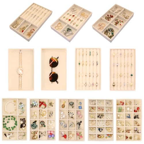 12Set Jewelry Trays Velvet Jewelry Display Plate Stackable Jewelry Drawer Organizer Earring Organizer for Women - color: Beige, size: 12 Pcs