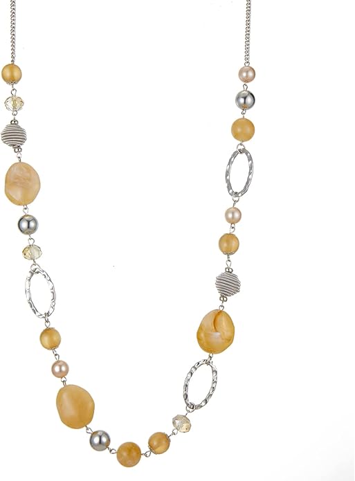 BULINLIN Beaded Long Necklace for Women Silver Sweater Chain Necklace with Crystal Resin Beads, Fashion Jewelry Necklace
