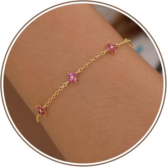 JSJOY Birthstone Bracelets for Women, 14K Gold Bracelets for Women Mom Gifts Birthday Valentines Day Gifts for Gf Dainty Flower Gift for Her Birthstone Bracelet Mothers Day Gift