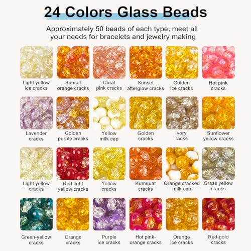 XSEINO About 1200pcs 6mm Crack Glass Beads Bracelet Making Kit,24 Style Crack Sunshine Yellow Series Colorful Crystal Beads for Jewelry Bracelet Making,DIY Crafts,Friendship Bracelets,Necklaces - color: Autumn Yellow