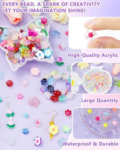 FIVEIZERO 300PCS Acrylic Flower Beads — Multicolor Transparent Flower Bracelet Charms for DIY Jewelry Making, Bracelets & Necklaces - color: Frosted Acrylic