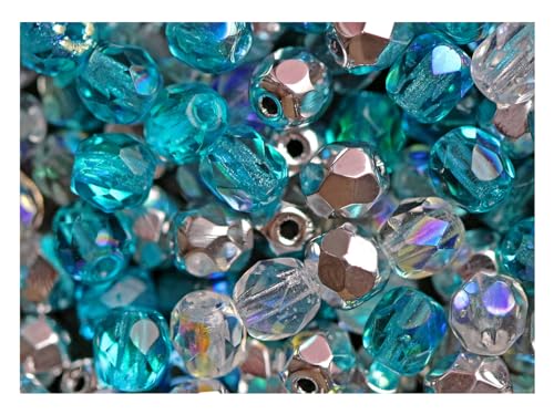 600 pcs Silver-Blue Mix of Faceted Fire Polished Czech Glass Round 4 mm Beads, 3 Vibrant Colors. for Jewelry Craft Making. - color: Silver Blue Mix