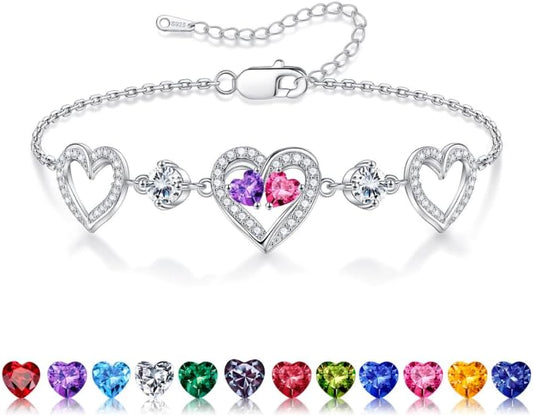 Iefil Valentines Day Gifts for Her - 925 Sterling Silver Heart Birthstone Bracelet Birthday Anniversary Jewelry Gifts for Her Wife