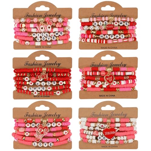 6PCS Valentine’s Day Clay Heishi Bracelet Set for Women- Red Pink Heart Love KISS XOXO Beaded Stretch Bracelets - Handmade Polymer Clay Crystal Glass Stackable Jewelry Gift for Galentine's Anniversary - color: LOVE-03