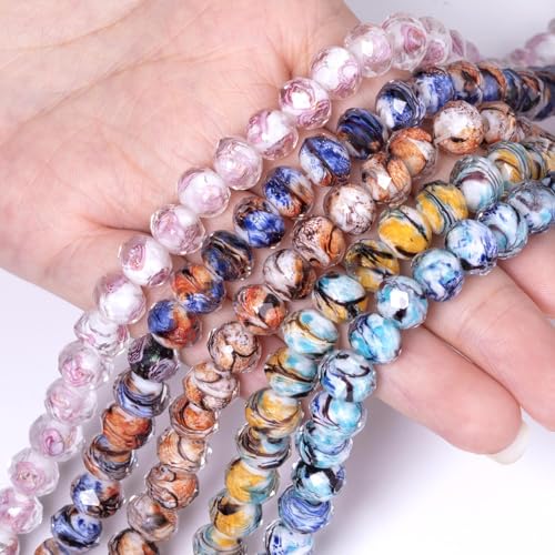 7.5×10mm 50pcs White Pink Flower Faceted Lampwork Glass Beads for Jewelry Making, Flat Round Handmade Murano Beads for Bracelets, Crafts, Friendship Bracelet Kit, Rosary Making - color: White Pink Flower