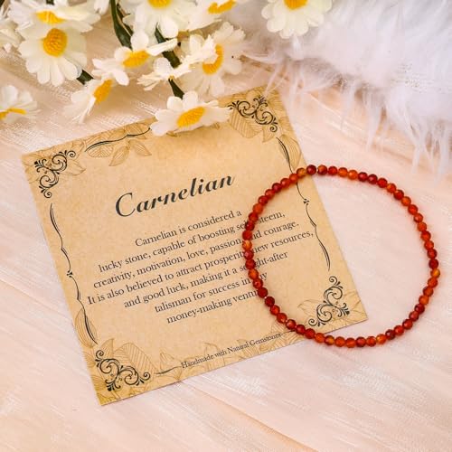 BONNY BOXX Natural Genuine Gemstone Faceted Round Beads Bracelets, 3mm Adjustable Stretchy Tiny Faceted Black Tourmaline Bracelet, Healing Crystal Reiki Chakra Dainty Jewelry Fashion Gifts - color: Carnelian