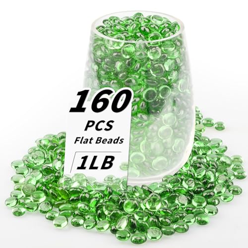 1 LB Green Flat Glass Beads, 160-180PCS Small Glass Marbles, Mini Flat Round Pebbles for Vase Filler and Floral, Fish Tank Rocks Decorative Gemstones for Home and Aquarium Décor - color: Green