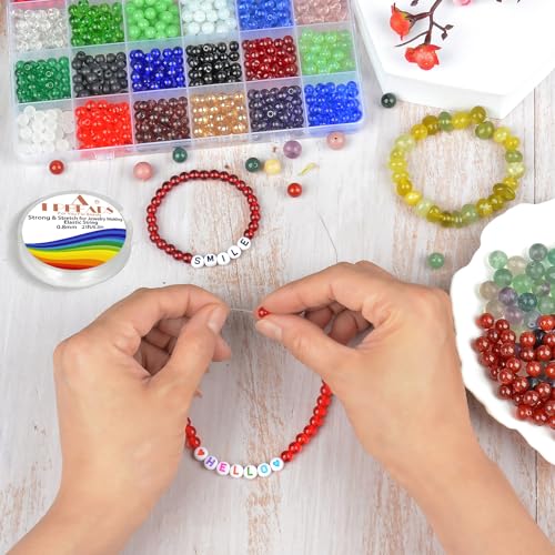 Elastic Bracelet String Cord, LPBeads 12 Rolls 6 Different Sizes Crystal Clear Stretchy Elastic Bead String for Bracelets, Jewelry Making and Clay Pony Seed Stone Beads with Beading Needles and Ruler
