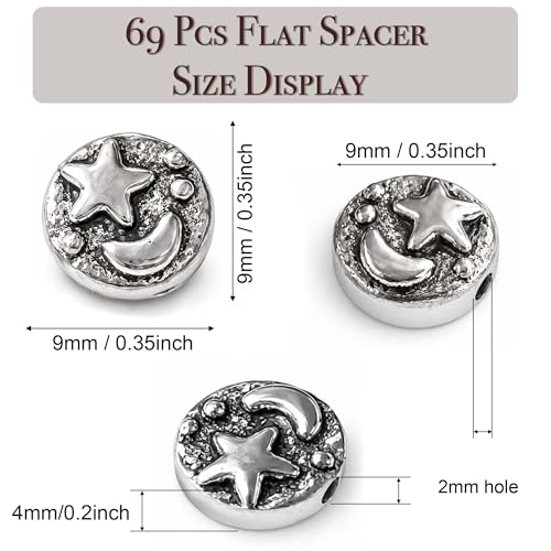 Tibetan Silver Spacer Beads 9mm Flat Round – 69pcs Metal Spacer Beads for Jewelry Making, Bracelets, Necklaces & Earrings DIY Supplies, Antique Silver Zinc Alloy - color: Silver Star and Moon
