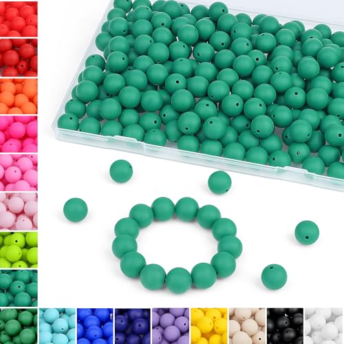 MAIBAOTA 120 Pcs Deep Green Silicone Beads - 15 mm Round Beads for Keychain, Pens, Bracelets, Necklaces - Bulk Pack with Boxed Kits - color: Deep green