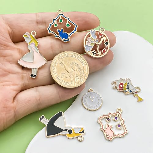 40pcs Alloy enamel dripping oil Alice set tea party scene character posture Pendant Jewelry Making DIY Keychain Earrings Pendant Various Design Charms for Jewelry Making Bracelets Necklace(HK372) - color: HK372