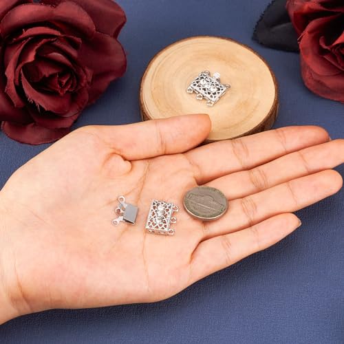 Pandahall 2 Sets Metal Tone Brass Rhinestone Rectangle Filigree Clasps, 3-Strand Box Clasps, Platinum