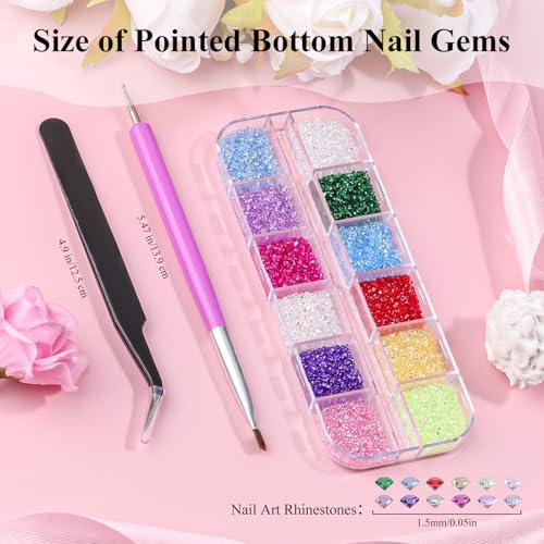 12000Pcs Nail Art Rhinestones Colorful Rhinestones Kit, 1.5mm Pointed Bottom Rhinestones Crystals Stones Diamonds Gems Bedazzler with Pickup Tools for Nails Face Eyes Makeup Crafts (24-K1-1.5mm) - color: 24-K1-pointed