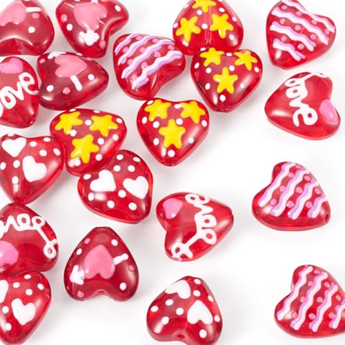 Red Heart Beads Glass Cute Heart Hand Drawn Beads Craftdady 20Pcs Love Loose Spacer Beads Red Bracelet for DIY Earring Necklace Jewelry Making-14mm - color: Red