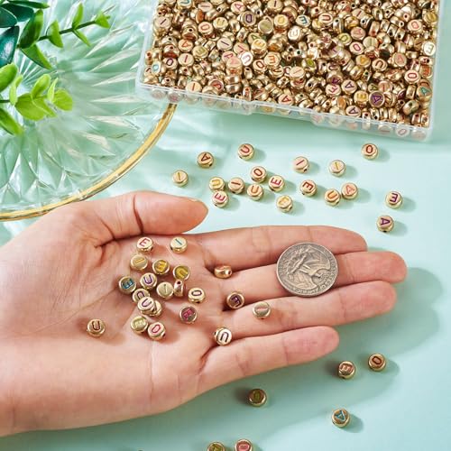 500Pcs Vowel Letter Opaque Acrylic Beads 7x3.5mm Flat Round Initial Letter Alphabet A/E/I/O/U Loose Spacer Beads for DIY Friendship Bracelet Necklace Jewelry Making - color: Golden Color