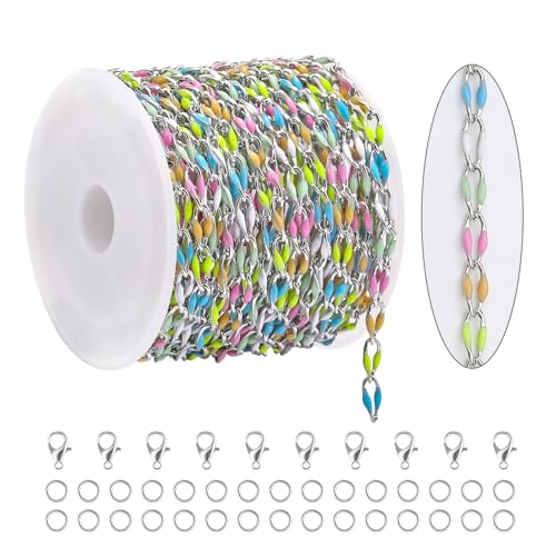 KYUNHOO 13 Feet Rainbow Links Silver Jewelry on Roll Colorful Oil Drip Chains for Jewelry Making Mixed Color Enamel Chain Spool for Women DIY Crafting Supplies Findings - color: Silver Lip