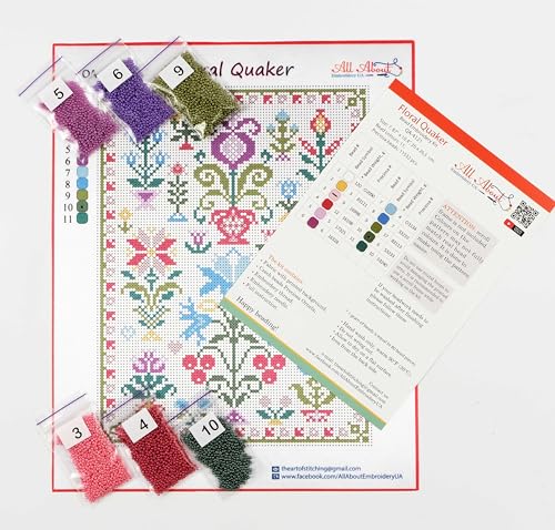 AllAboutEmbroideryUA Bead Embroidery kit Floral Quaker QA-4121 Beaded Cross Stitch Sampler