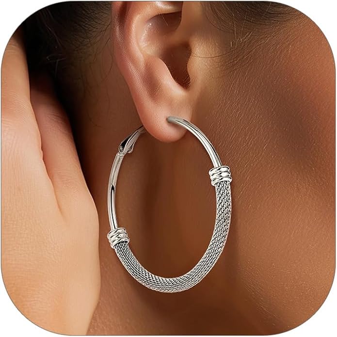 KeyStyle Mesh Hoop Earrings for Women, Stainless Steel Gold Hoops Earring Lightweight Loops, 2MM Thick Hypoallergenic Circle Endless Hollow Hoop 20mm-80mm