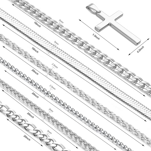 LOYALLOOK 6PCS Silver Chain for Men Women Stainless Steel Cross Chain Layered Cuban Link Figaro Snake Box Chain Cross Pendant Necklace 18-20IN/20-22IN - size: 18inch/20inch